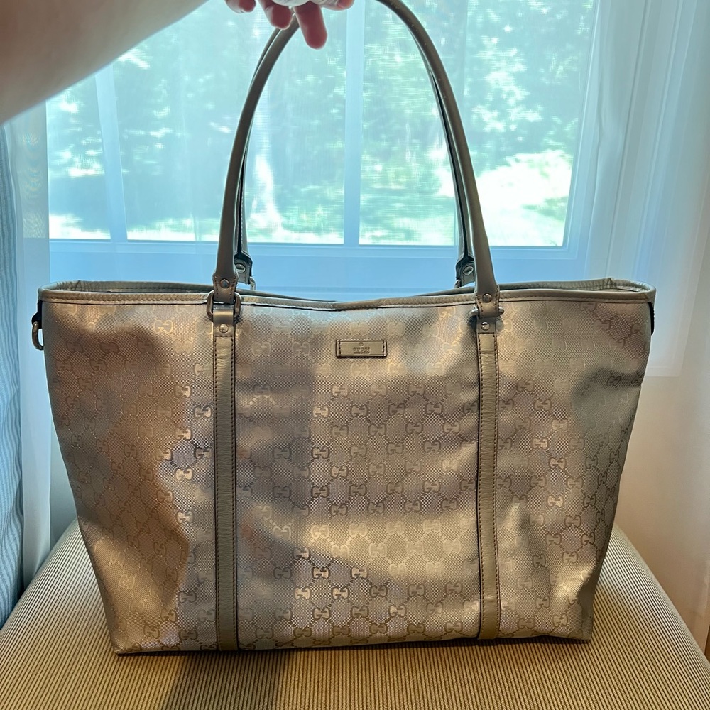 Authentic Sliver Gucci GG Imprime Leather Tote